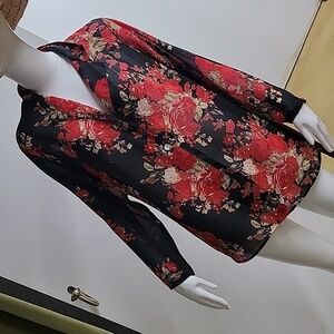 Mlle Gabrielle Blouse Black Red Floral Sheer Button Front Long Sleeve